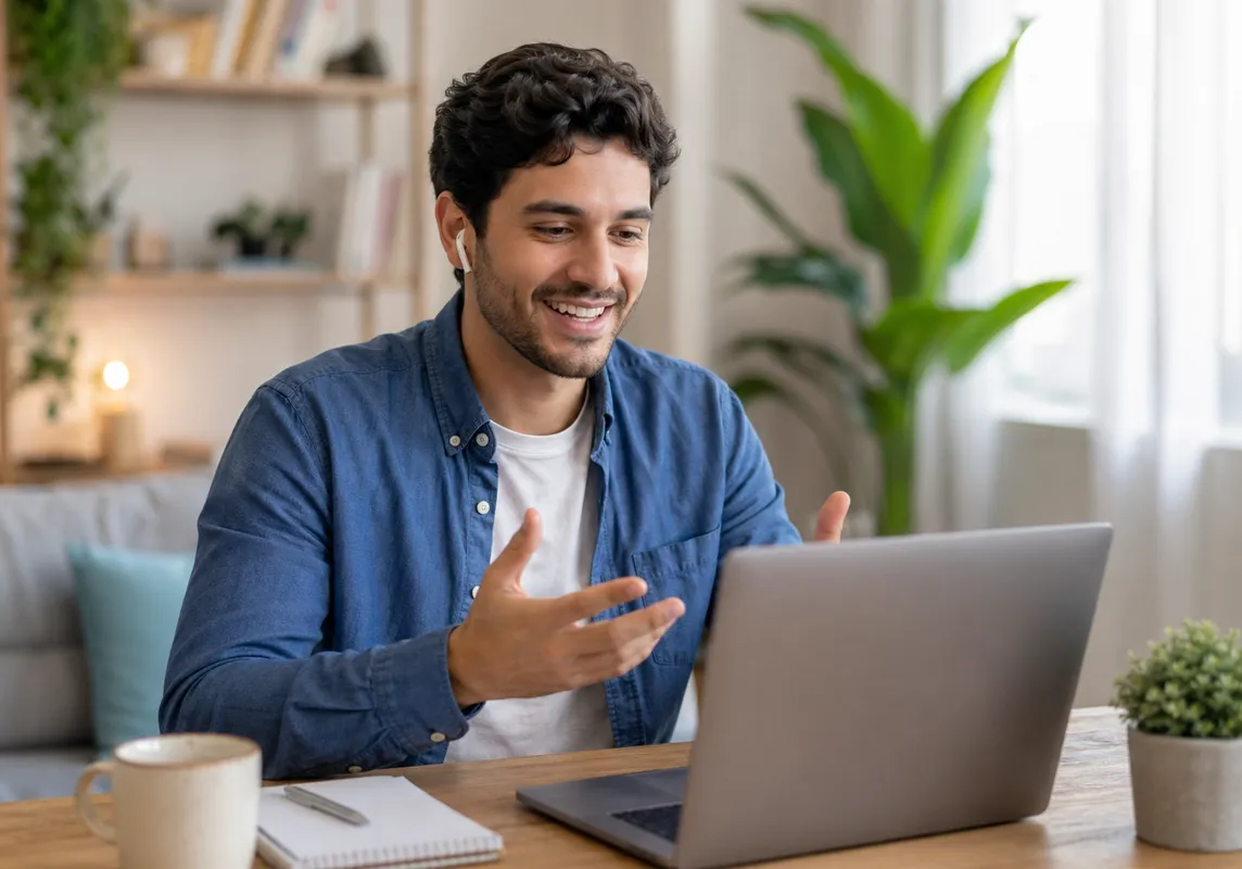 Aluno praticando conversação em inglês em uma aula online.