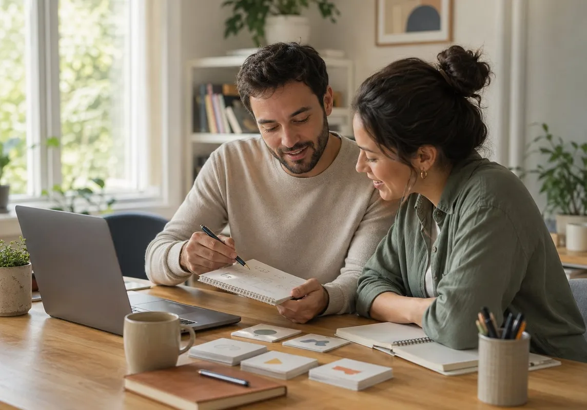 Mentor e aluno revisando um plano de inglês juntos.