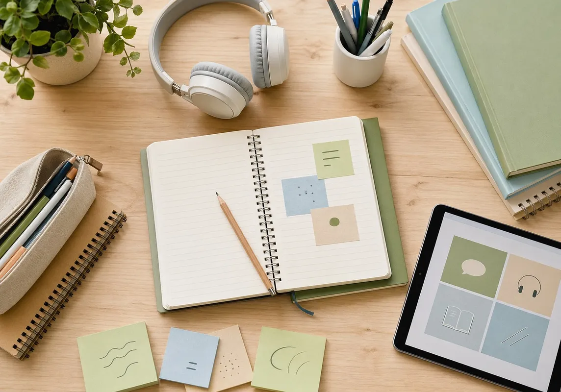 Mesa com caderno, fones e materiais de estudo de inglês.