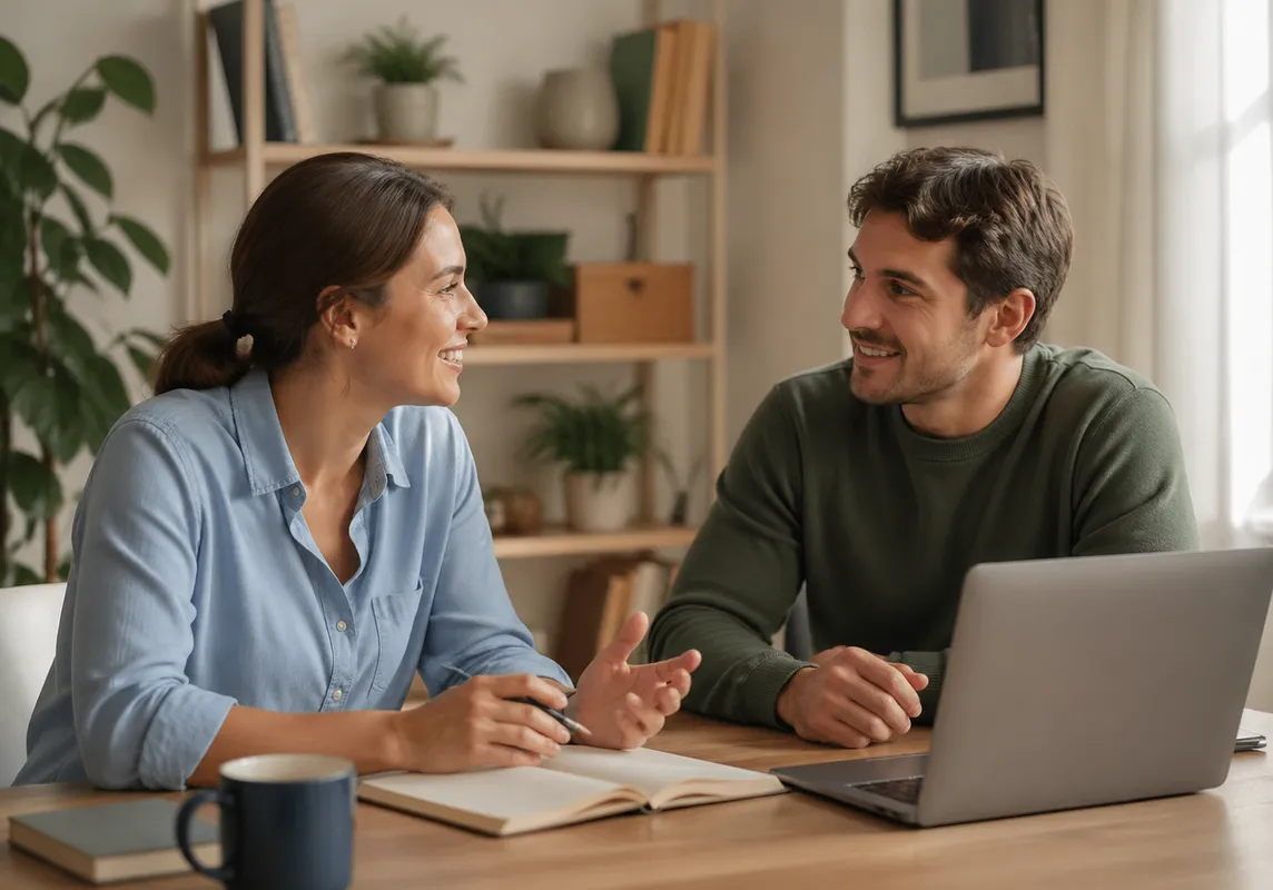 Professor e aluno conversando durante uma aula de inglês.